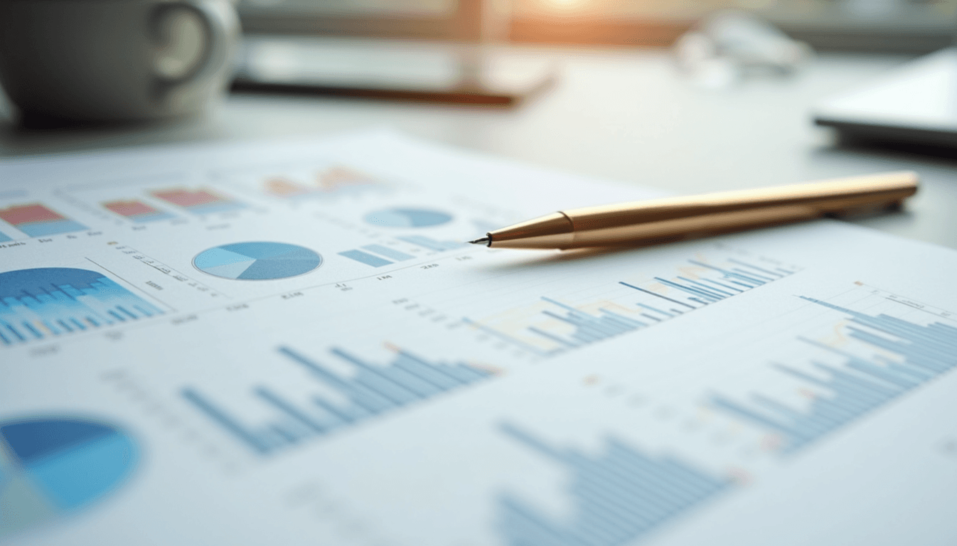 Gold pen on business charts and performance reports