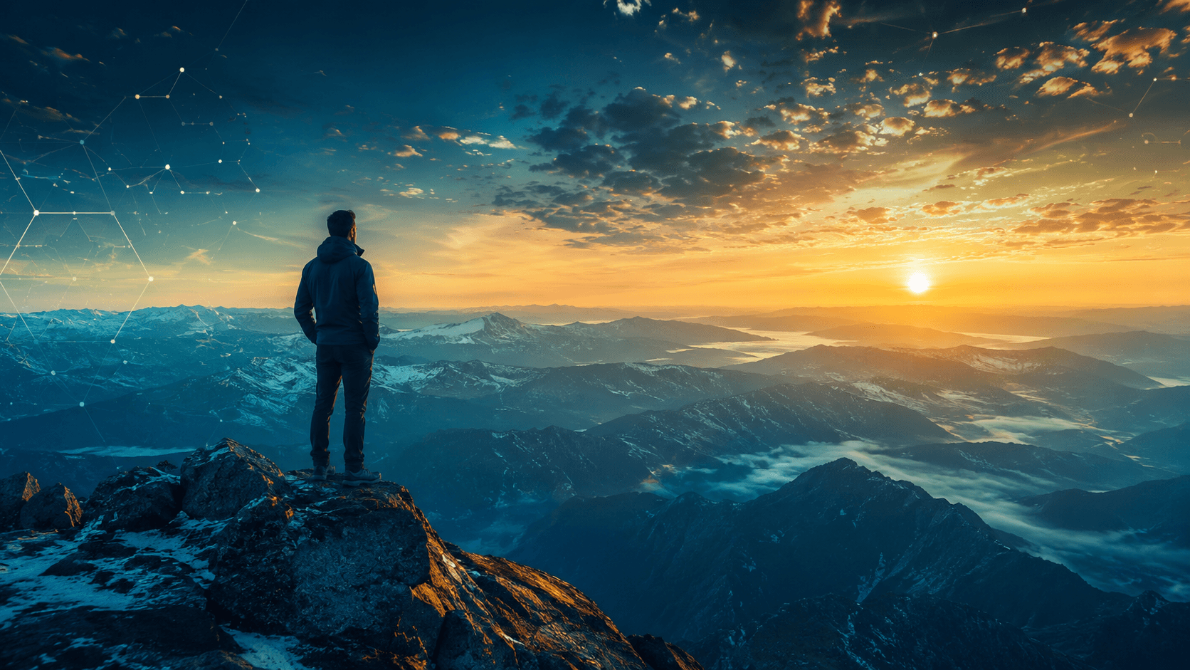High-performing professional standing on a mountain at sunrise, looking toward a larger horizon, representing achievement, identity, purpose, and the next chapter.